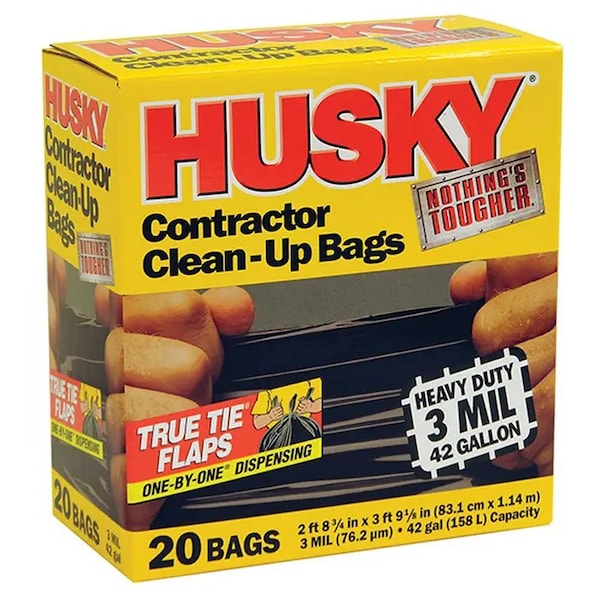 Husky 42 gal Trash Bags, 2 ft 8 3/4 in x 3 ft 9 1/8, Heavy-Duty Contractor, 3 mil, Black, 20 PK HK42020B - main